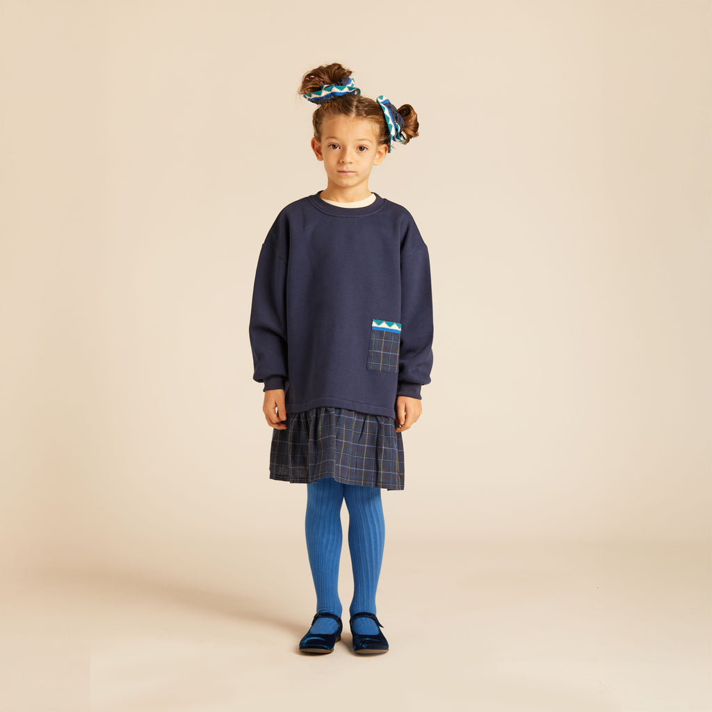 Veronica Combined Fleece and Fabric Long-Sleeved Dress Midnight Blue